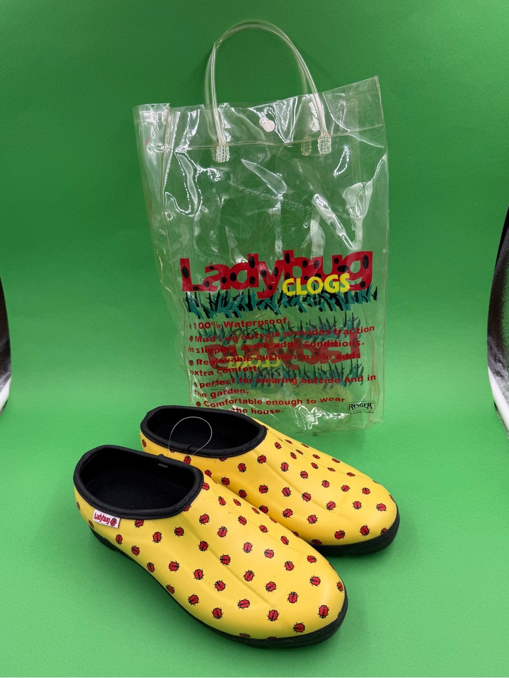 Ladybug Waterproof Garden Clogs Yellow Black Novelty Shoes Womens 10 w Bag